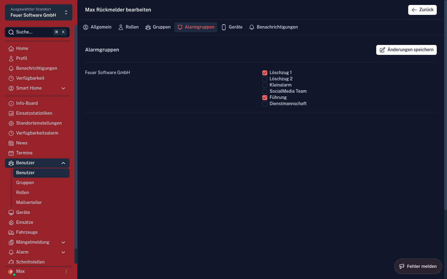 Screenshot: Benutzer – Tab Alarmgruppen