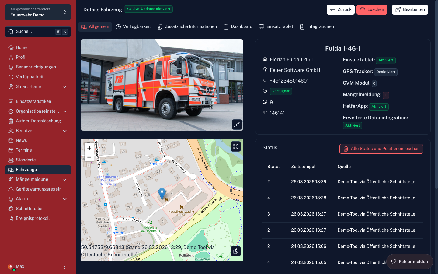 Screenshot: Fahrzeug Tab Allgemein