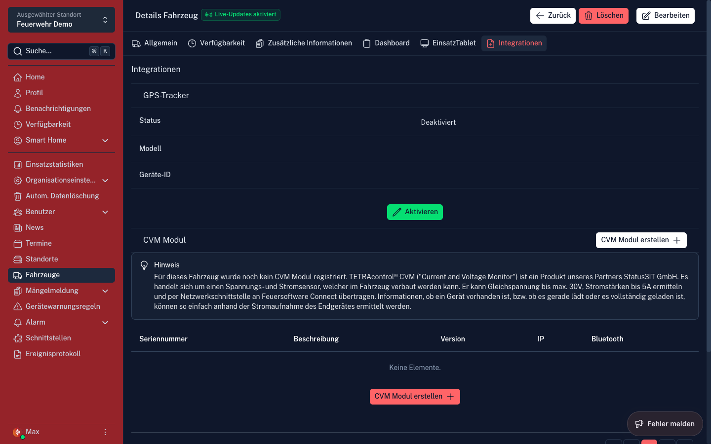 Screenshot: Fahrzeug Tab Integrationen
