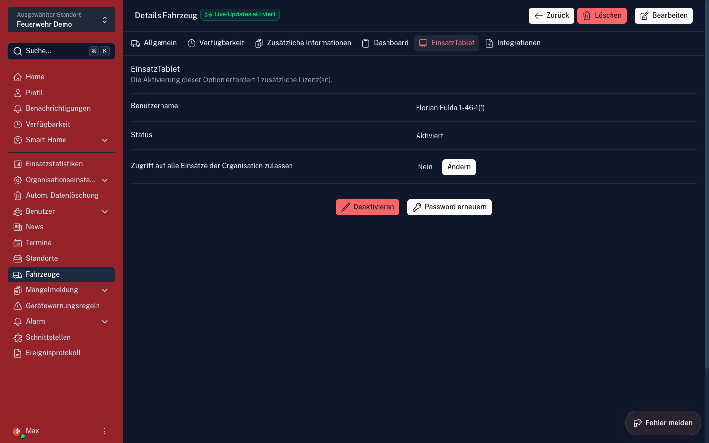 Screenshot: Fahrzeug Tab Vehicle App