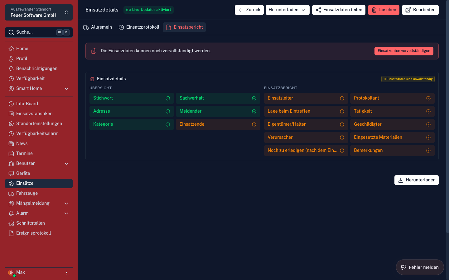 Screenshot: Vollständigkeits-Check mit Statuskacheln in der Einsatz-Detailansicht