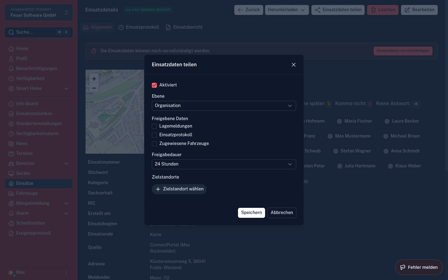 Screenshot: Dialog „Einsatzdaten teilen" in der Einsatz-Detailansicht