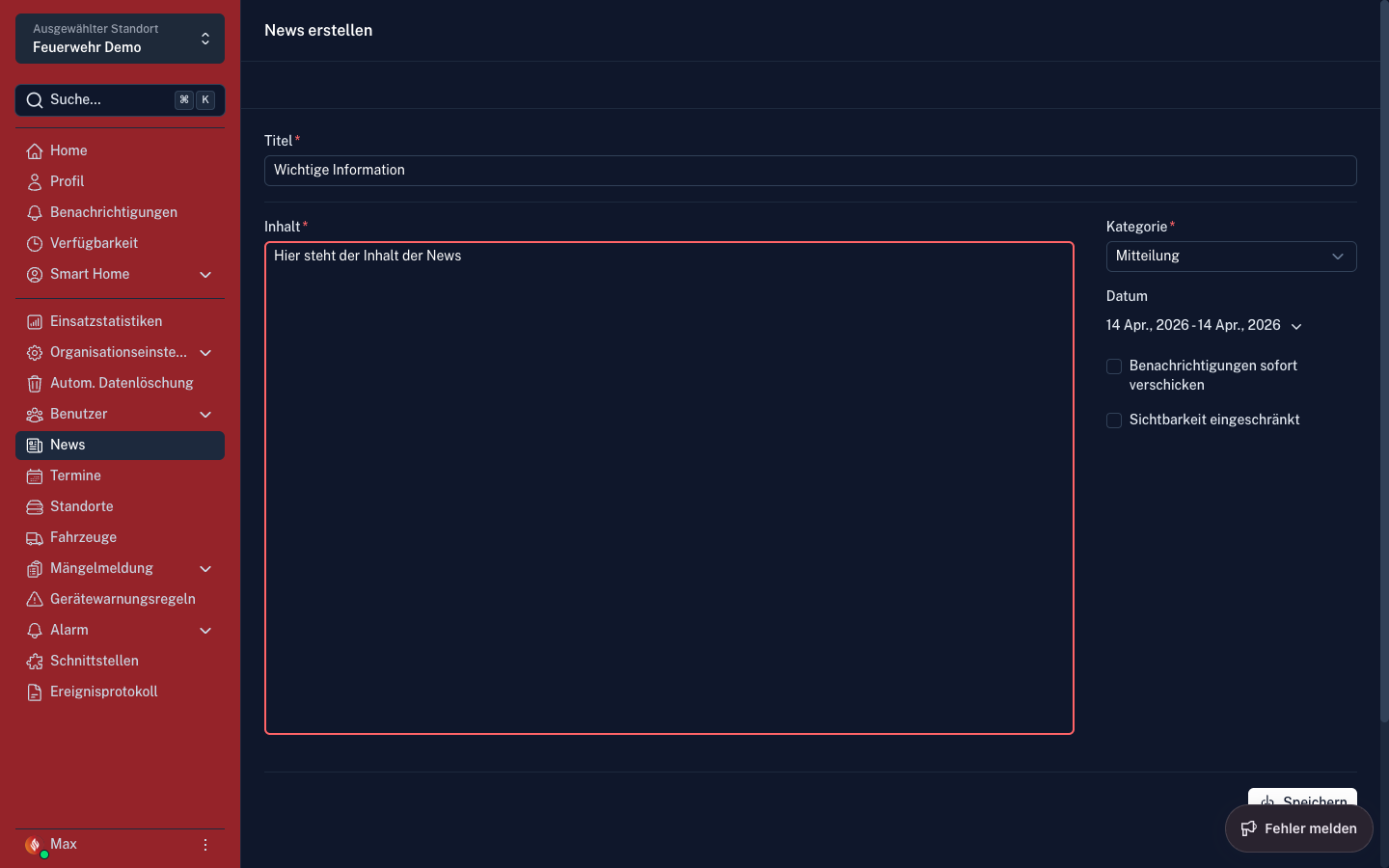 Screenshot: News erstellen
