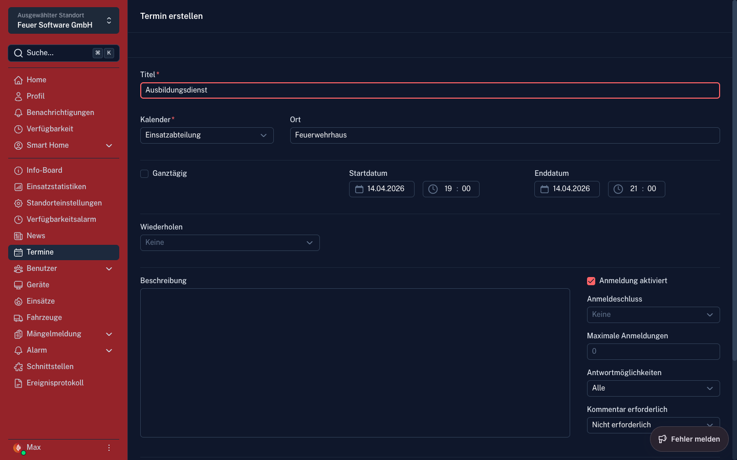 Screenshot: Termin erstellen