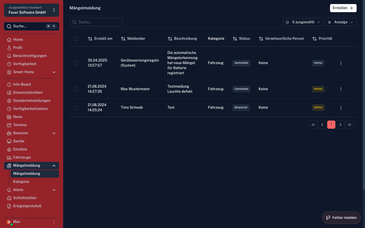 Screenshot: Mängelmeldungen-Übersicht