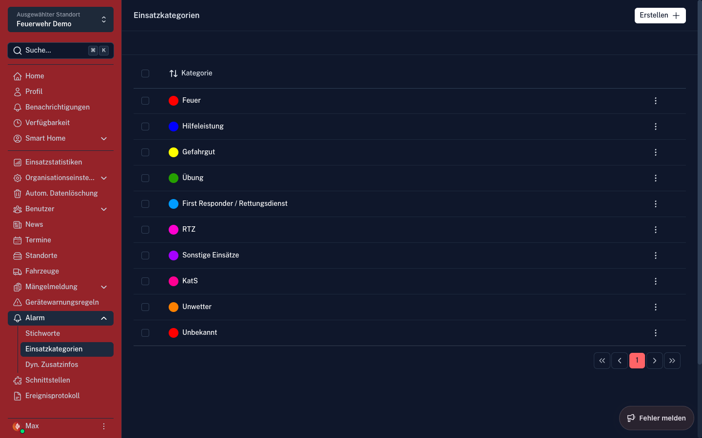 Screenshot: Einsatz-Kategorien