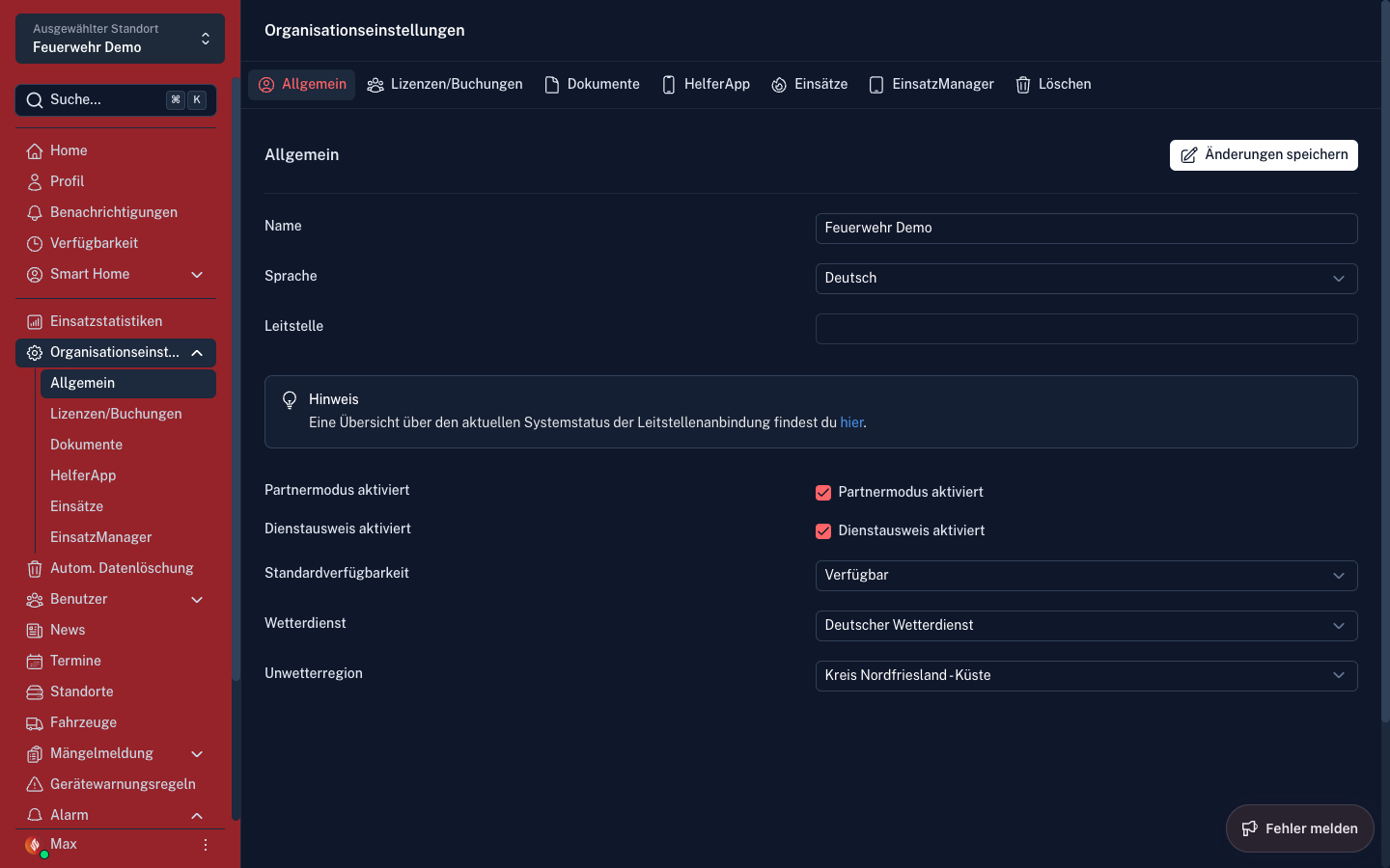 Screenshot: Organisationseinstellungen – Allgemein