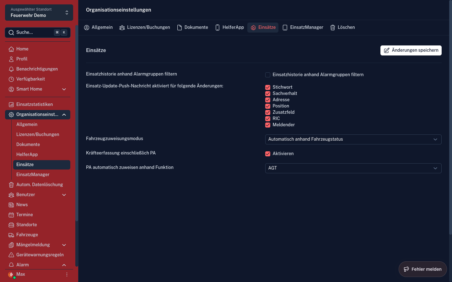 Screenshot: Organisationseinstellungen – Einsätze