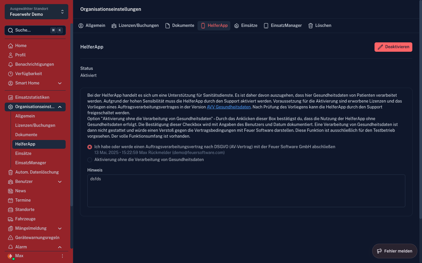 Screenshot: Organisationseinstellungen – HelferApp