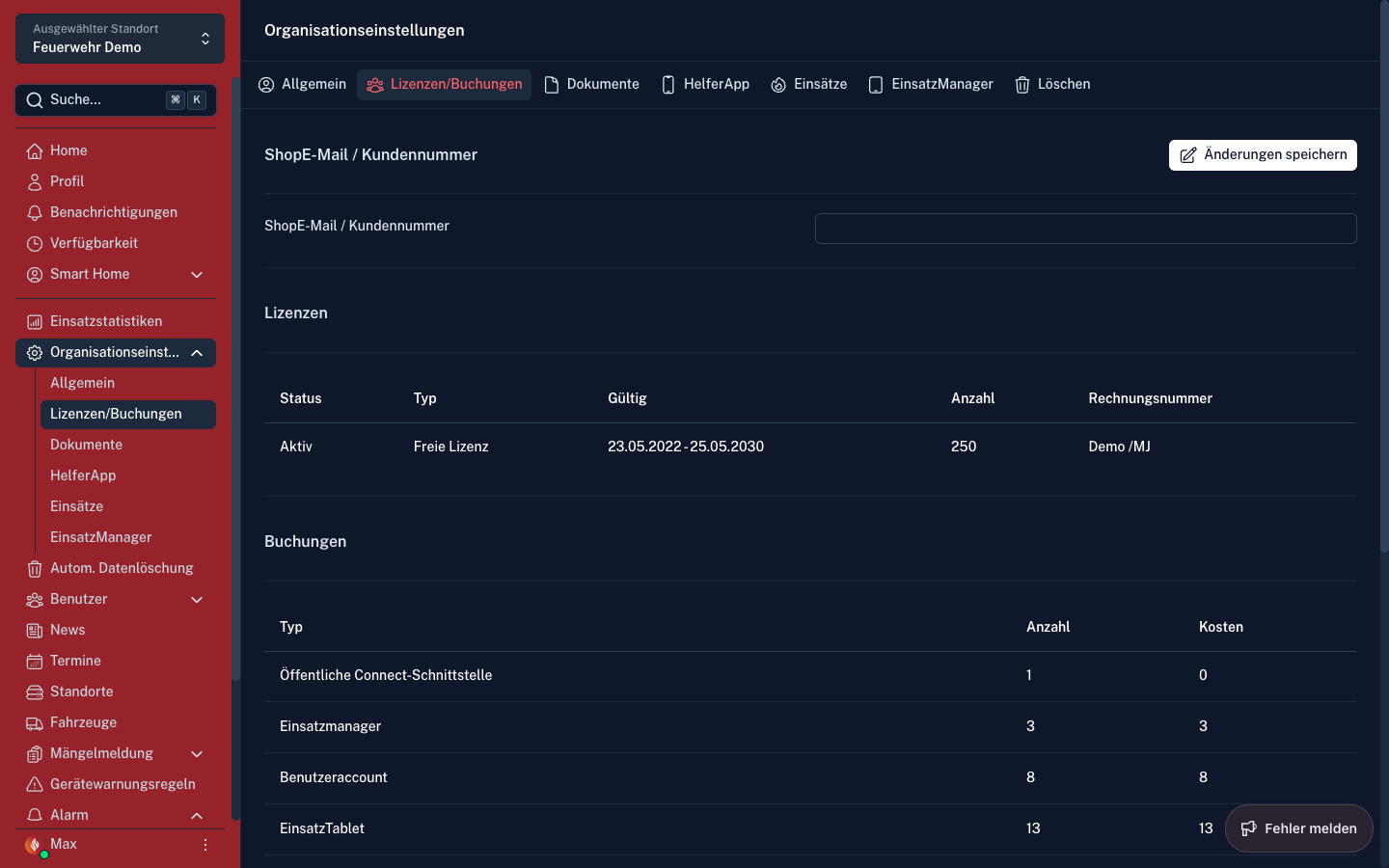 Screenshot: Organisationseinstellungen – Lizenzen