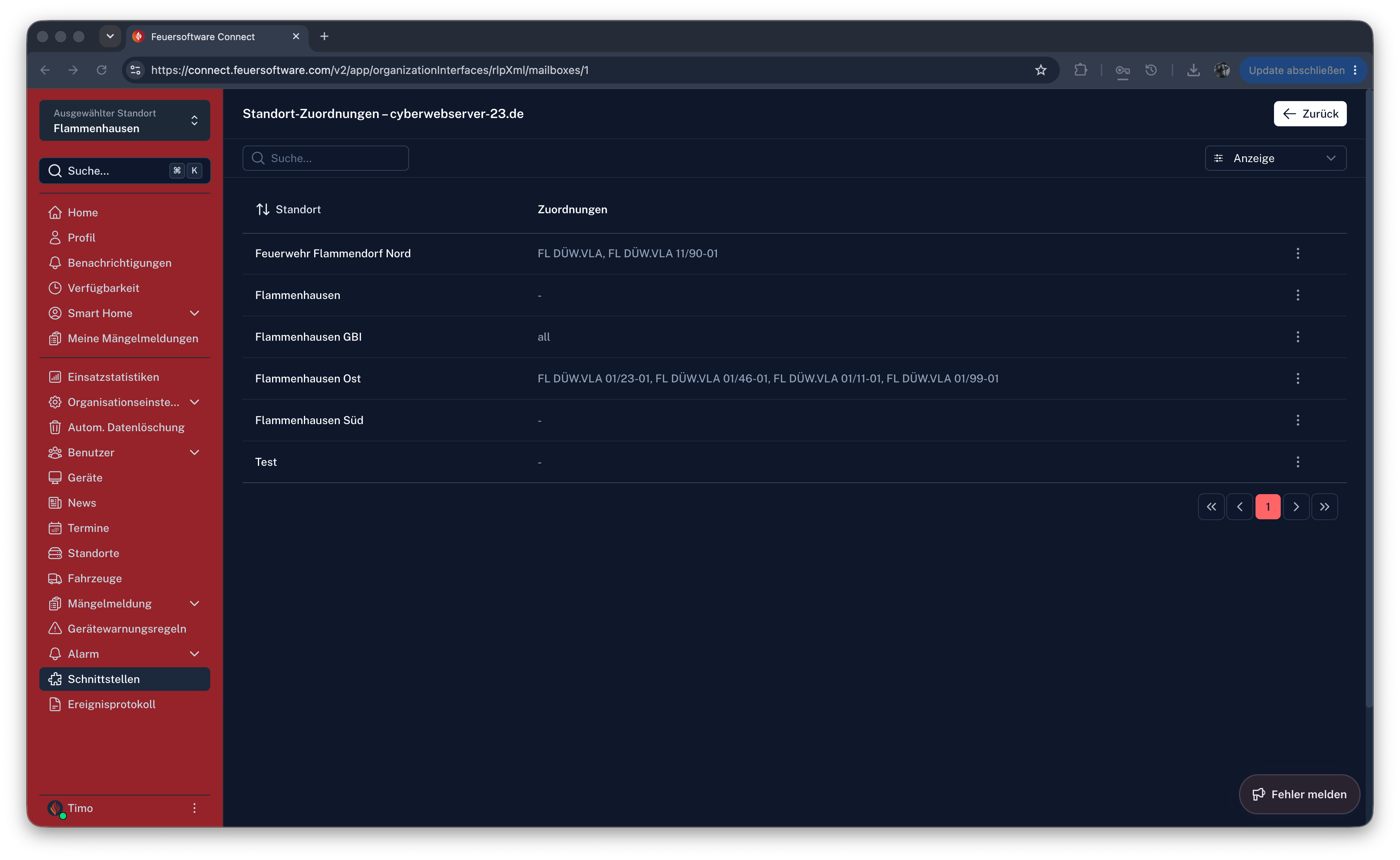 Screenshot: Standort-Zuordnungen eines Postfachs mit Suchbegriffen je Standort