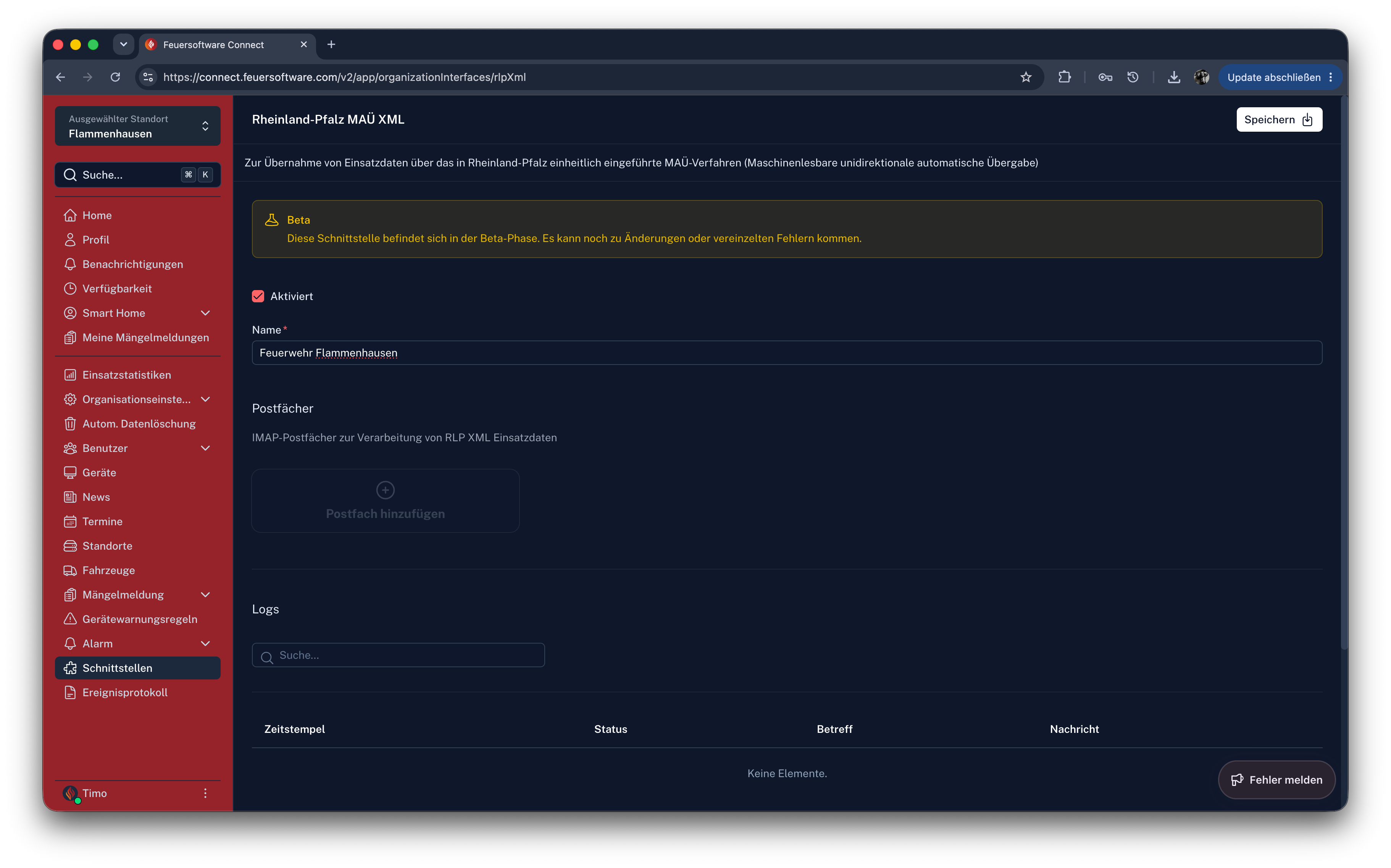 Screenshot: Übersichtsseite der MAÜ-Schnittstelle mit Beta-Banner