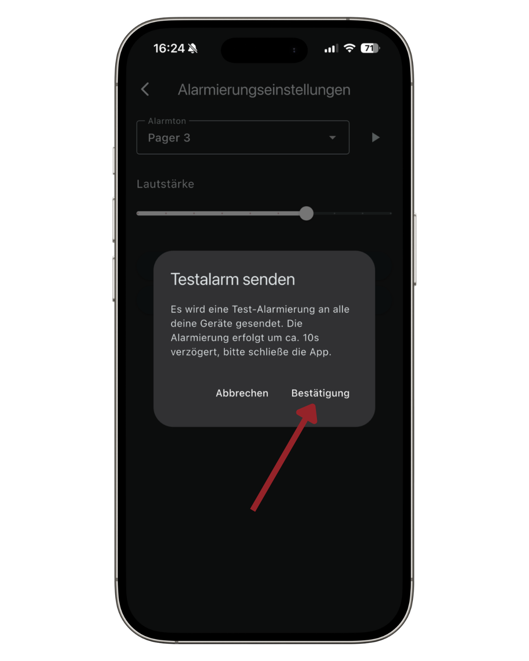 Screenshot: Testalarm-Dialog