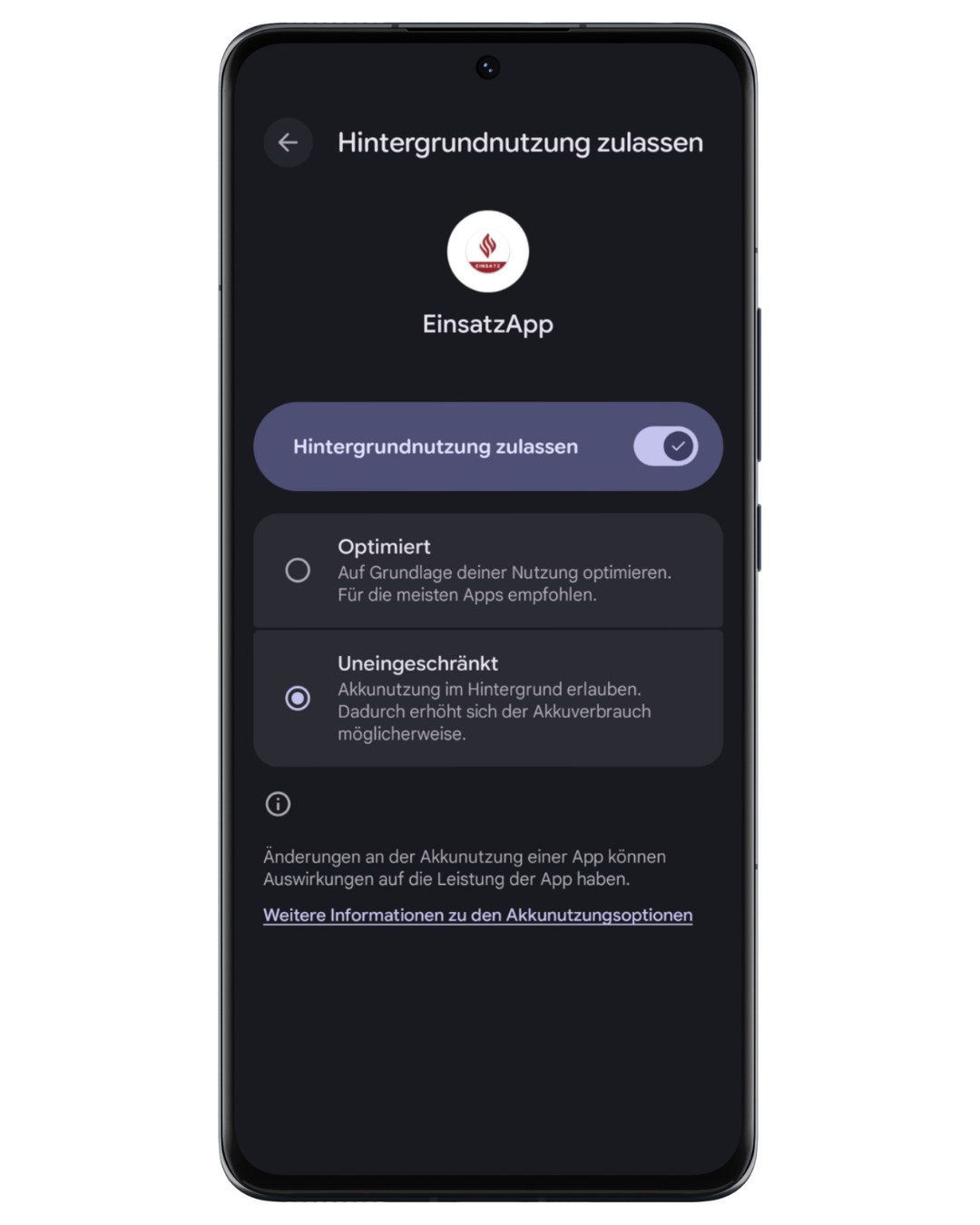 Screenshot: Hintergrundnutzung – Uneingeschränkt