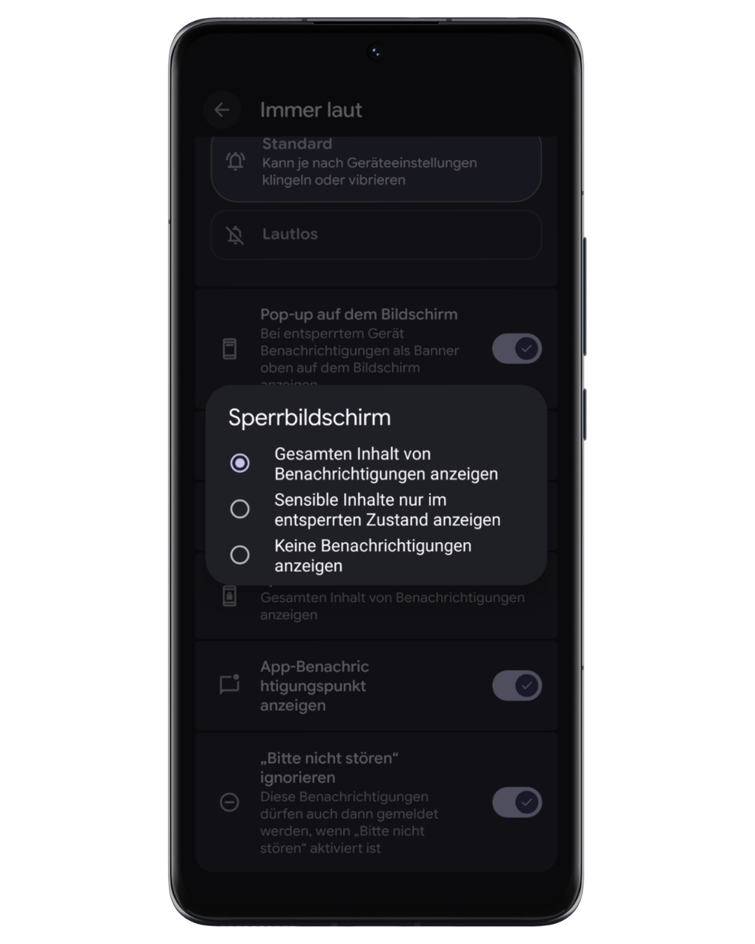 Screenshot: Kanal Immer laut – Sperrbildschirm-Option