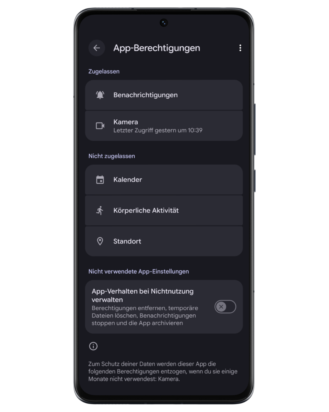 Screenshot: App-Berechtigungen – Nichtnutzung 2