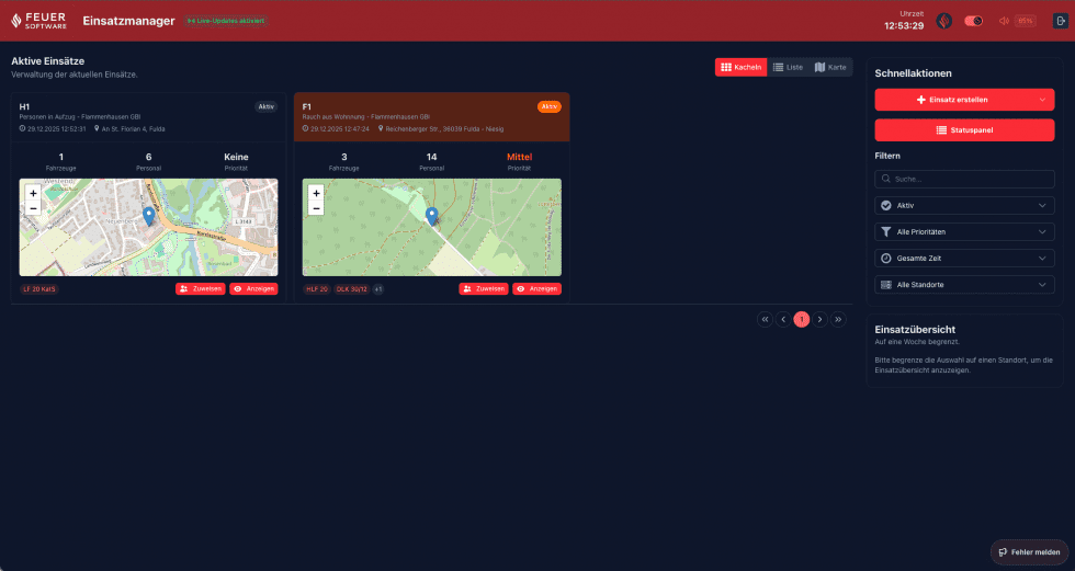 Screenshot: Dashboard in der Kachelansicht mit mehreren aktiven Einsätzen