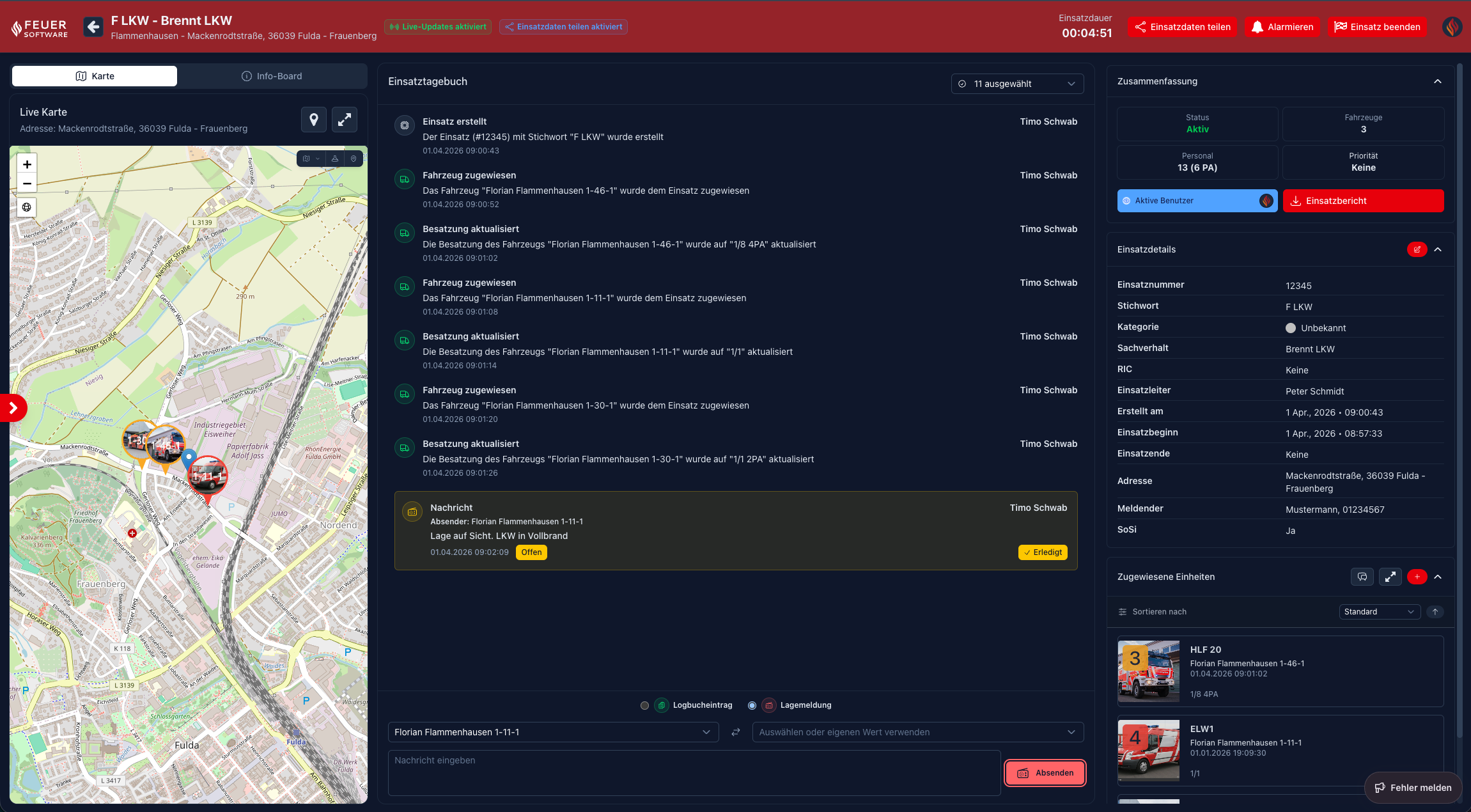 Screenshot: Einsatzdetailseite in der Gesamtansicht (dreispaltig)