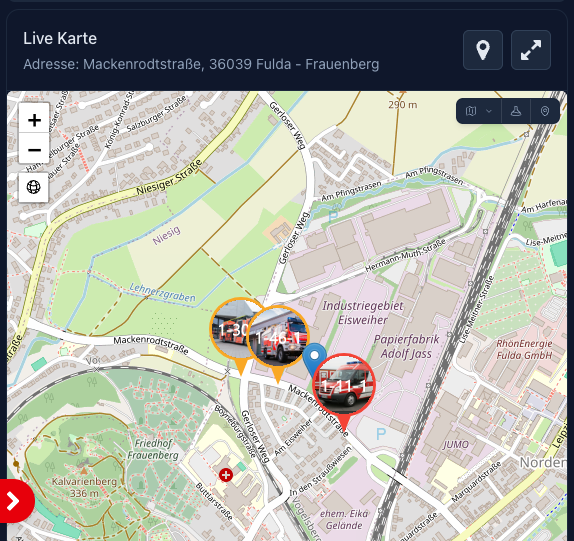 Screenshot: Einsatzkarte mit Fahrzeugmarkierungen