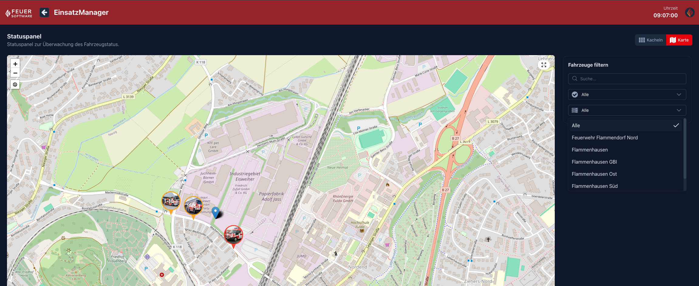 Screenshot: Statuspanel Kartenansicht mit Fahrzeugmarkierungen