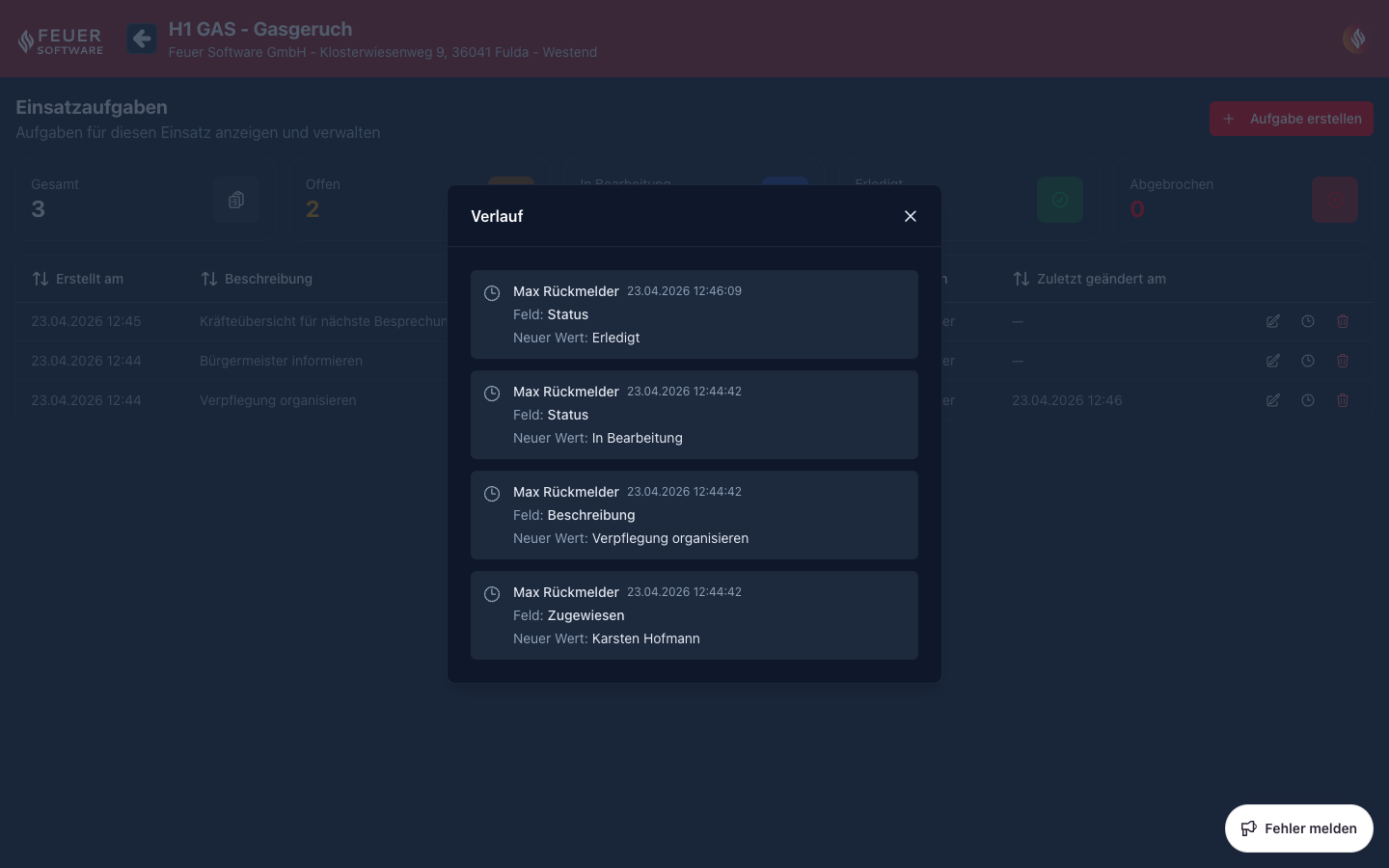 Screenshot: Aufgabenverlauf mit Änderungseinträgen