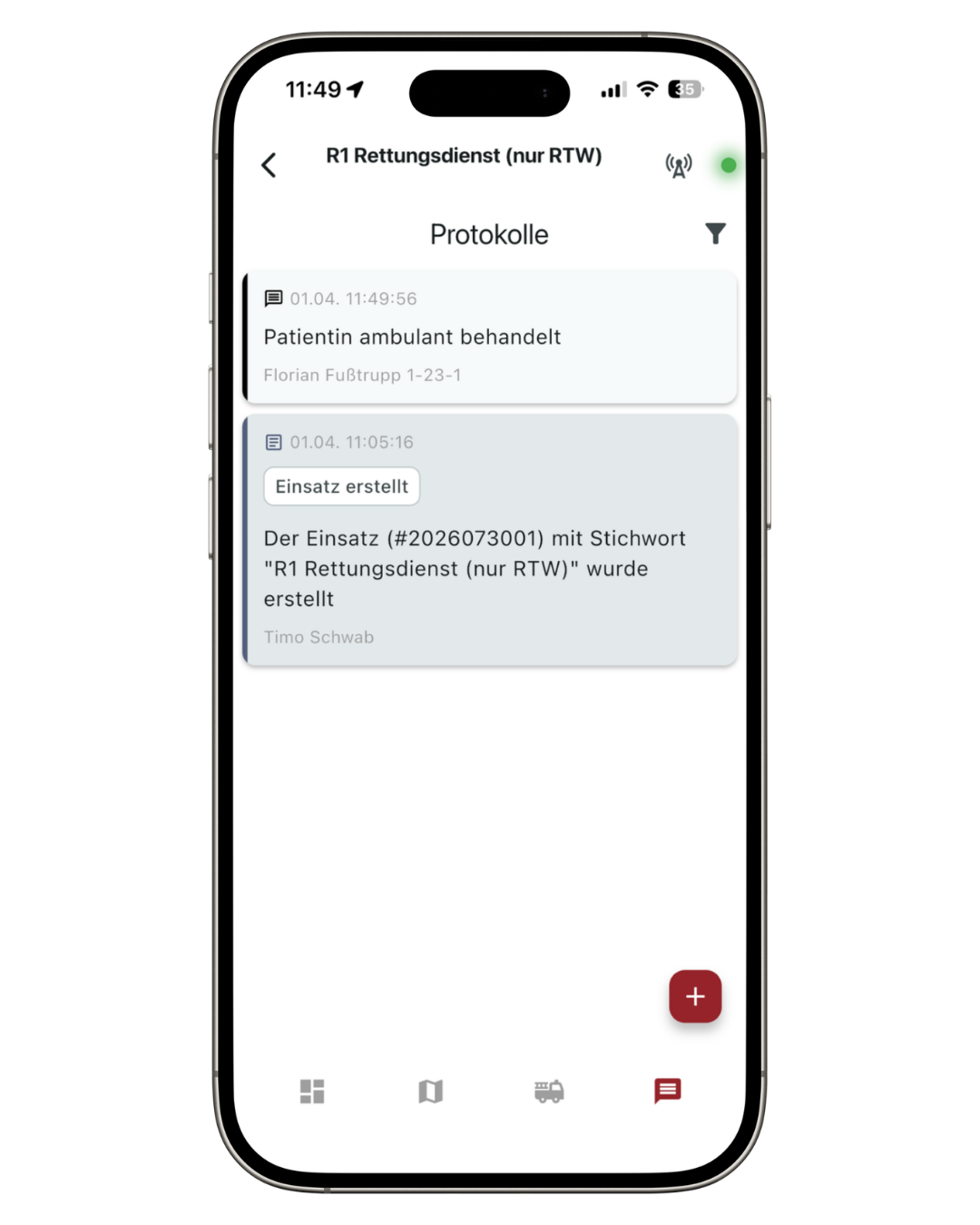 Screenshot: Einsatzdetails – Reiter Meldungen & Protokoll