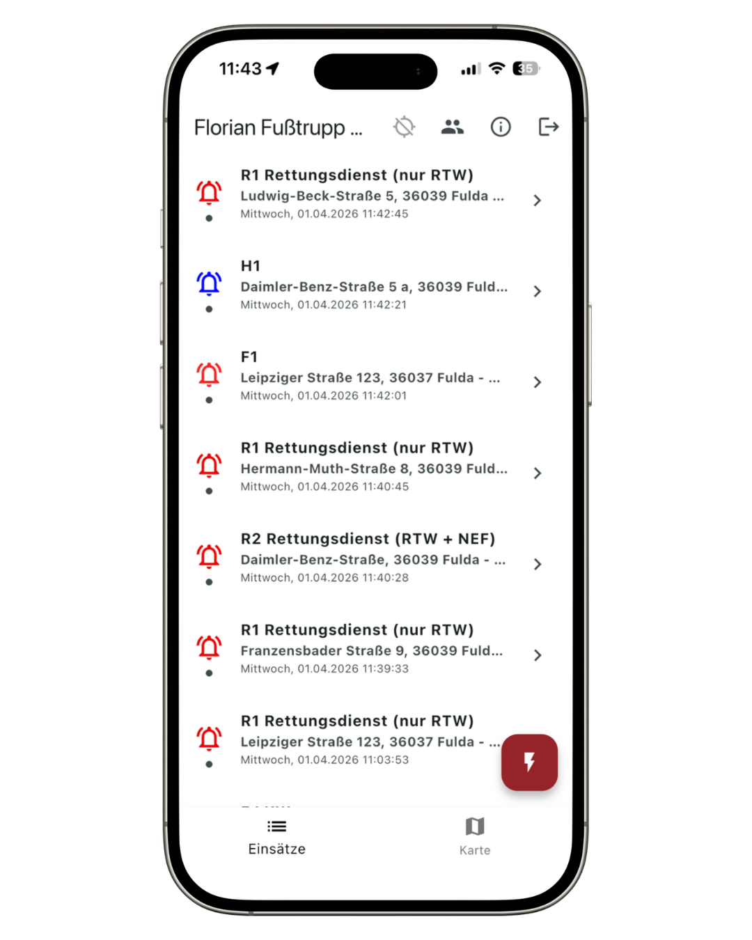 Screenshot: Einsatzliste mit mehreren aktiven Einsätzen