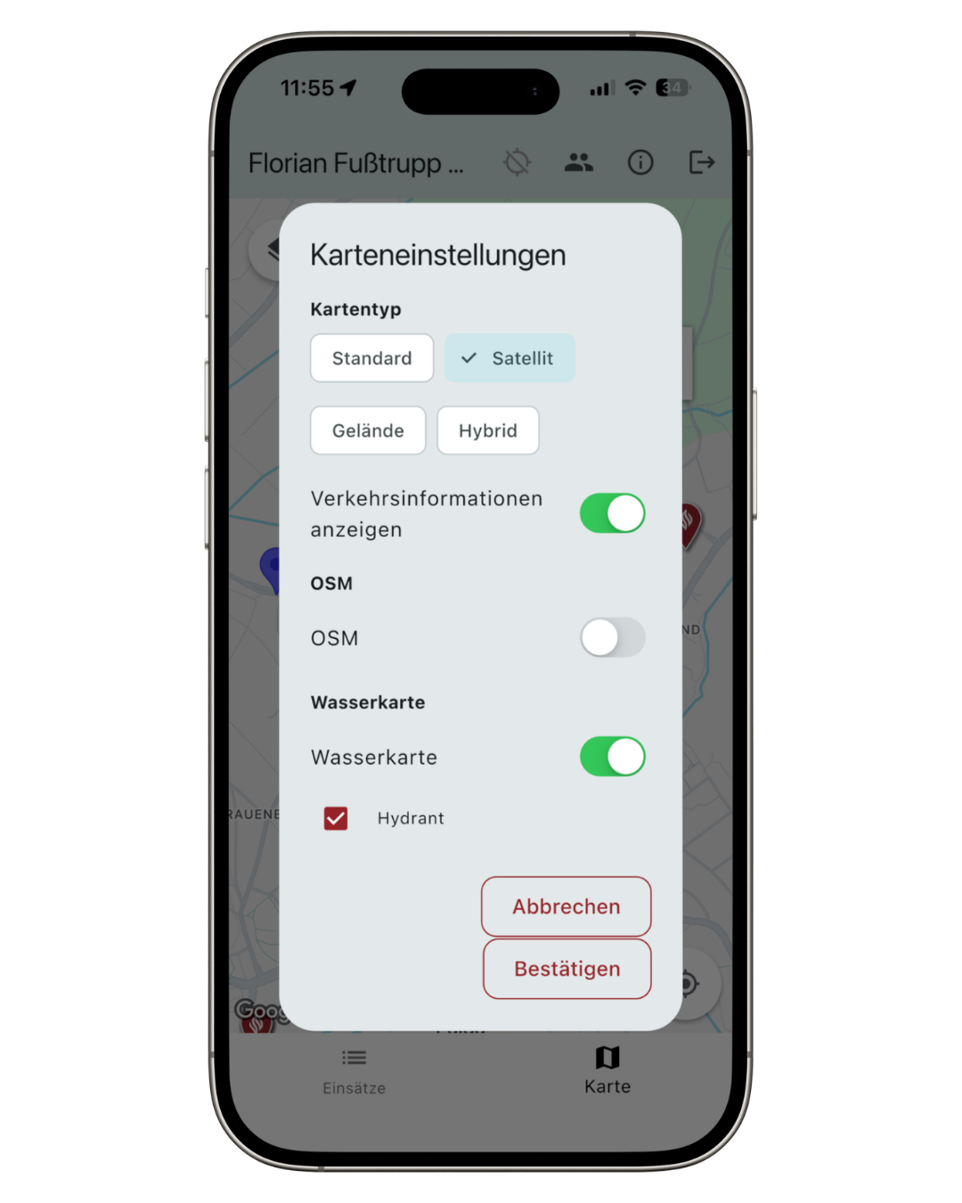 Screenshot: Kartentypen-Auswahl in den Karteneinstellungen