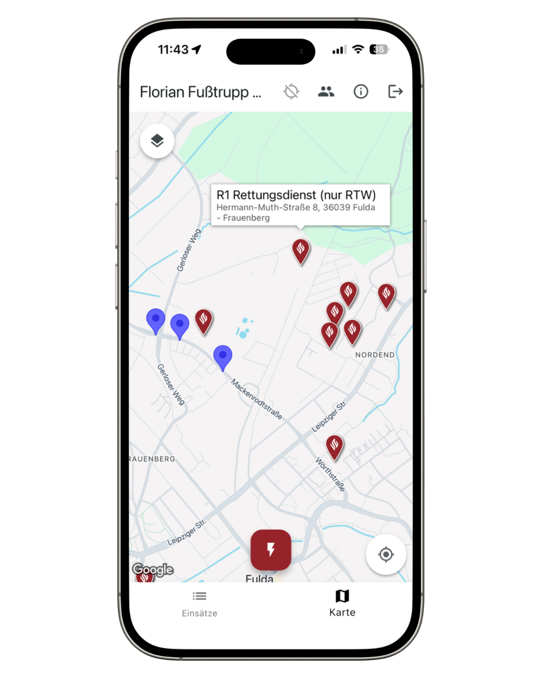 Screenshot: Kartenansicht mit Fahrzeugmarkern und Einsatzorten
