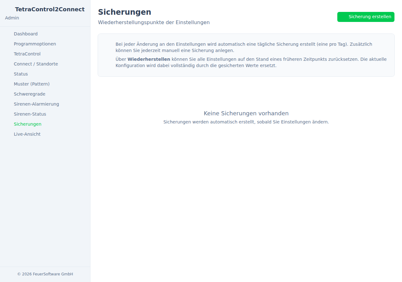 TetraControl2Connect Backup-Verwaltung